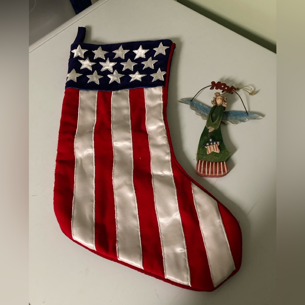 Patriotic Red, White, and Blue Holiday Stocking & Hope angel ornament.